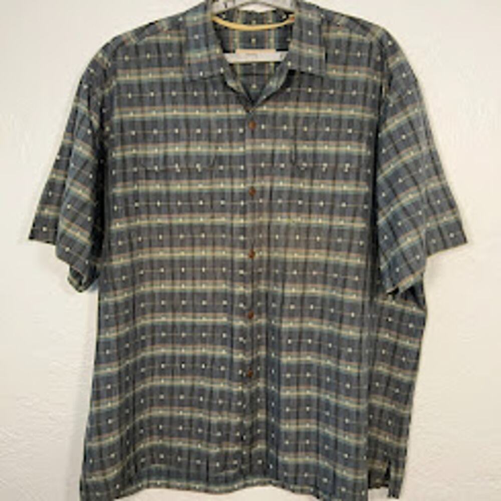 Tommy Bahama Havana Plaid Luxury Camp Shirt 2XL Cotton Silk Gray Blue